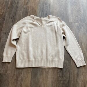 Jeanne Pierre Cream Cotton V-Neck Sweater Womens XL Off White Knit Pullover